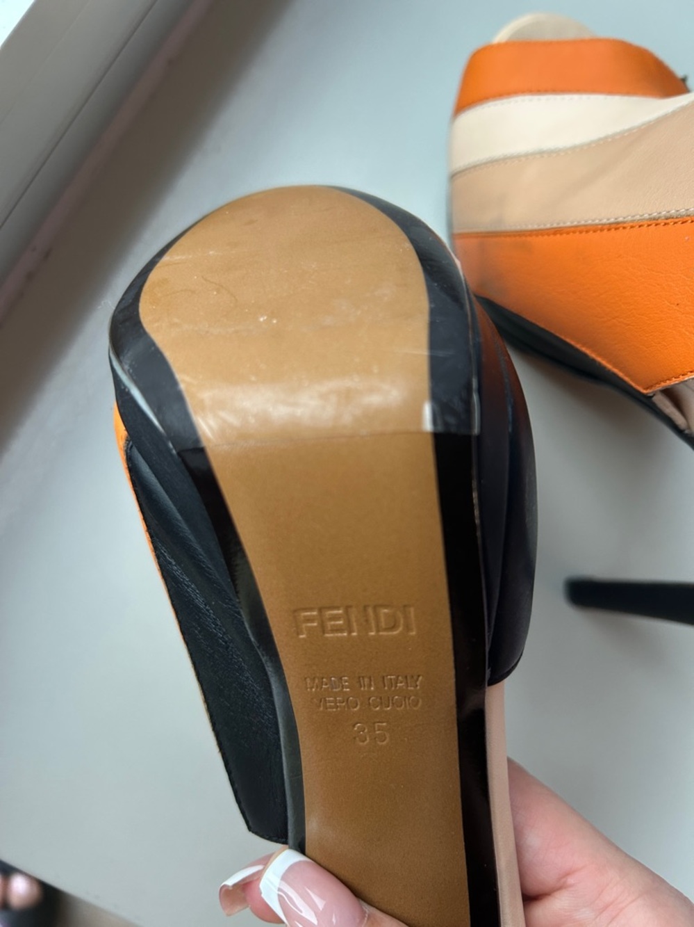 Fendi Tri-Panel Leather Mule Sandals in Orange, Beige & Black - Picture 6 of 6